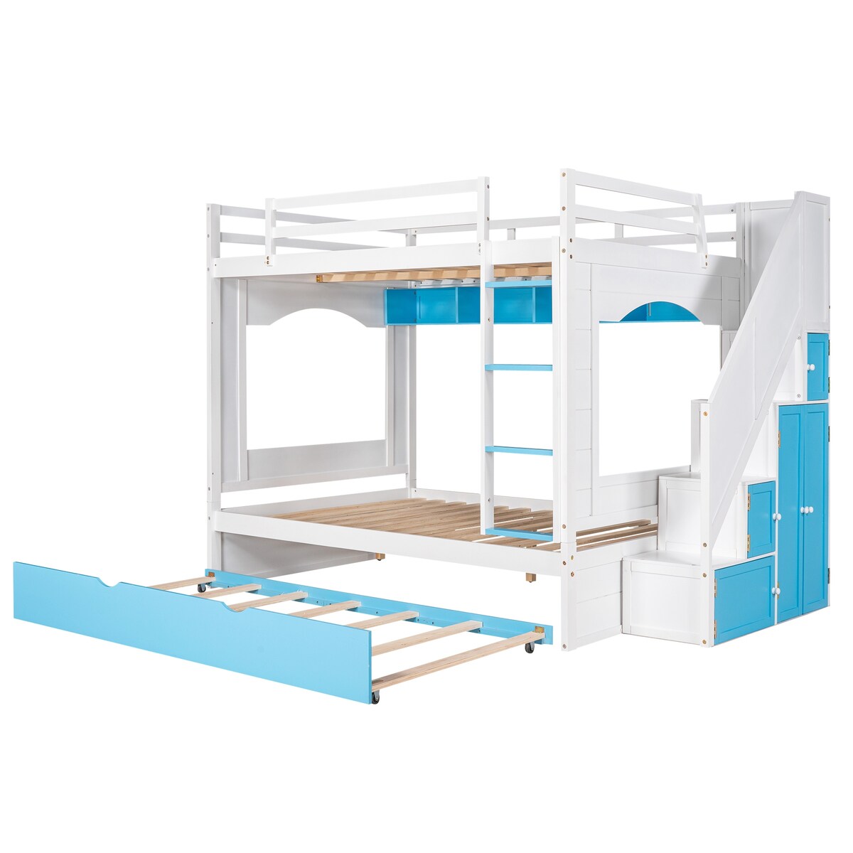 Full over Full Size Solid Wood Bunk Bed with Twin Size Trundle Bed, Storage Stairs and Built-in Ladder