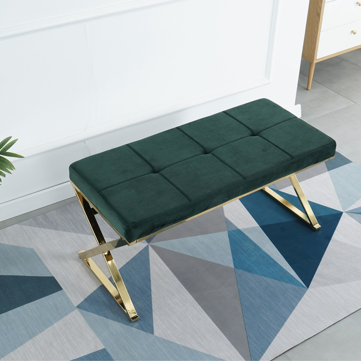 Modern and Top Rated Dining Room Living Room Green Bench with Stainless Steel and Velvet Ottaman