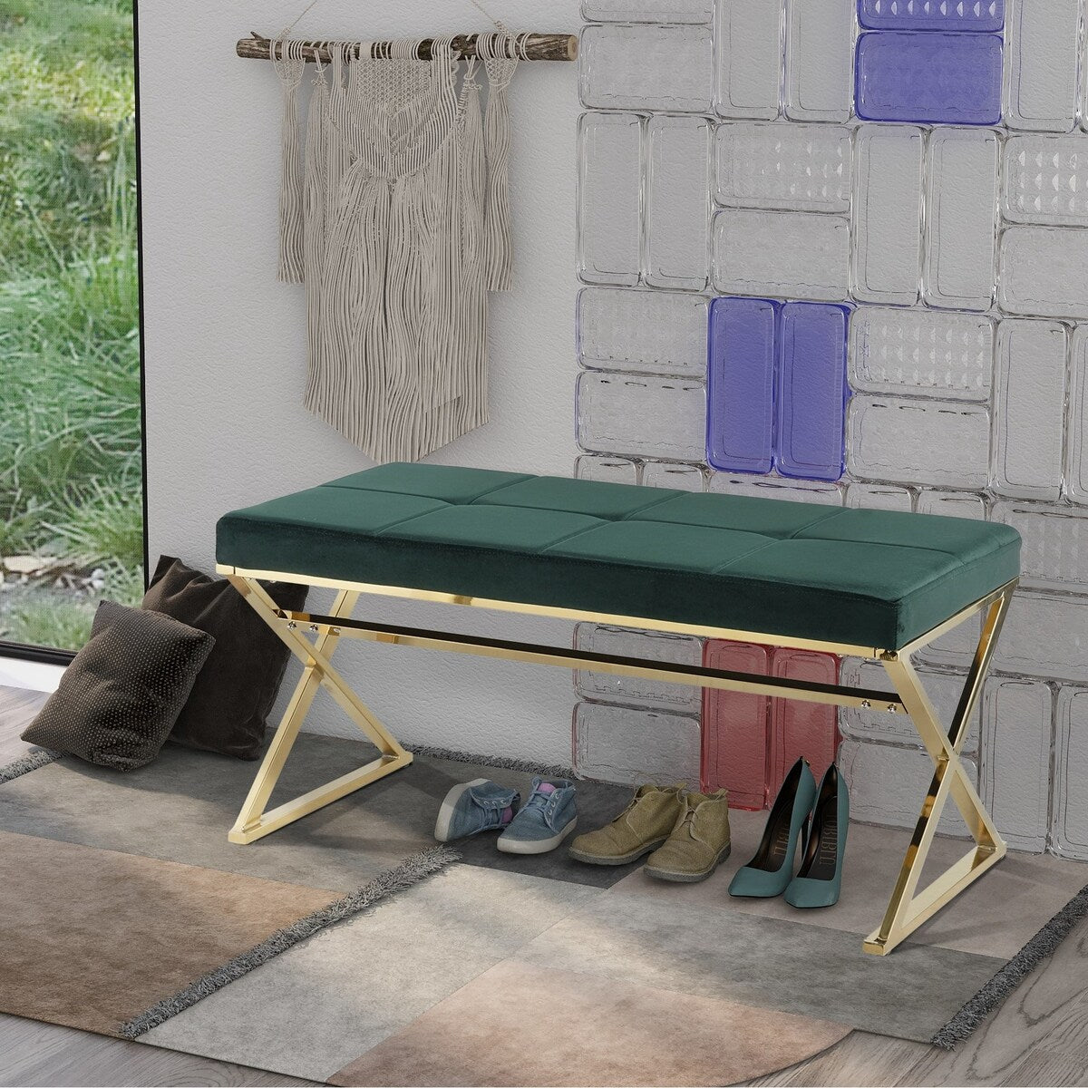 Modern and Top Rated Dining Room Living Room Green Bench with Stainless Steel and Velvet Ottaman