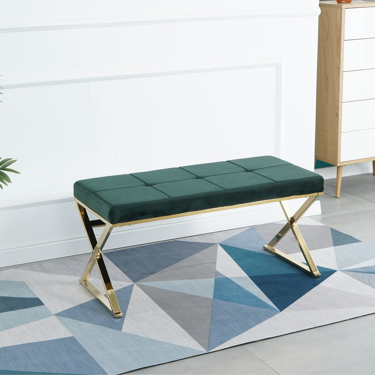 Modern and Top Rated Dining Room Living Room Green Bench with Stainless Steel and Velvet Ottaman