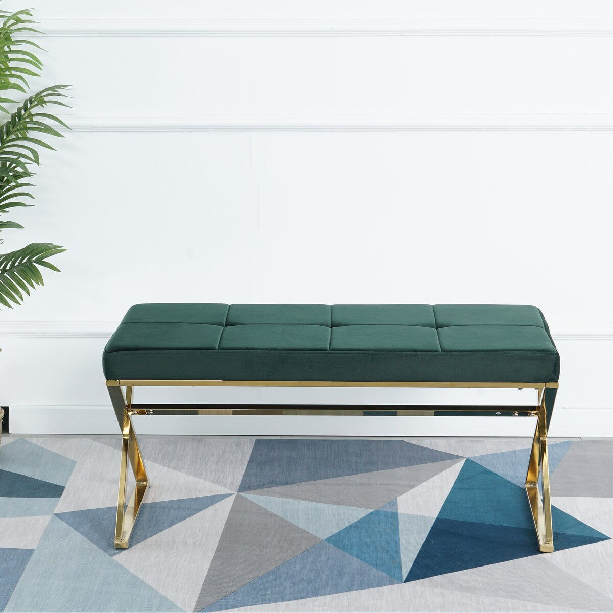 Modern and Top Rated Dining Room Living Room Green Bench with Stainless Steel and Velvet Ottaman