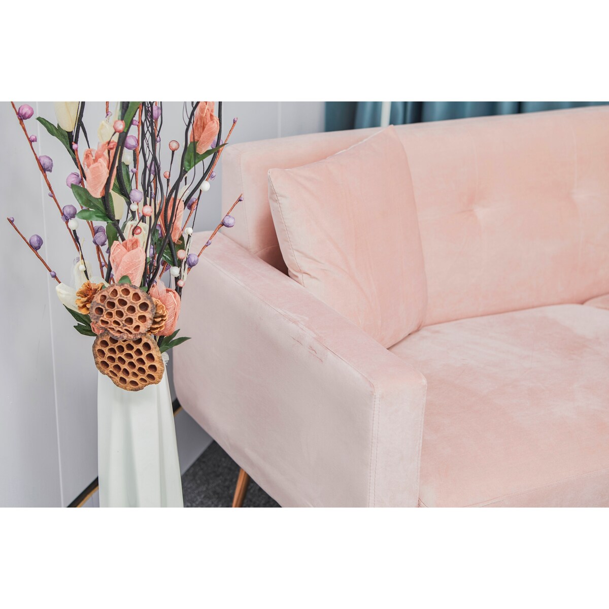 Modern velvet sand living room sofa Loveseat Sofa with Midfoot and Two throw Pillows for Living Room