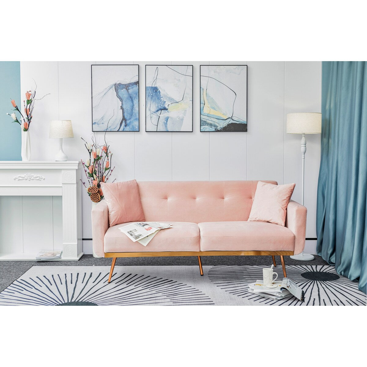 Modern velvet sand living room sofa Loveseat Sofa with Midfoot and Two throw Pillows for Living Room