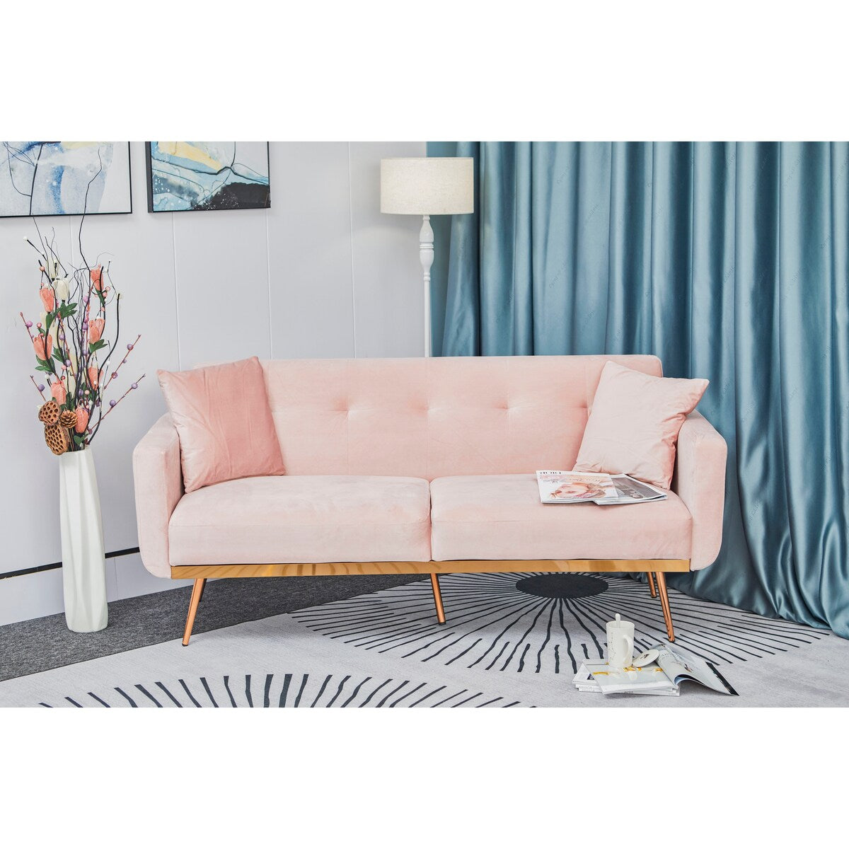 Modern velvet sand living room sofa Loveseat Sofa with Midfoot and Two throw Pillows for Living Room
