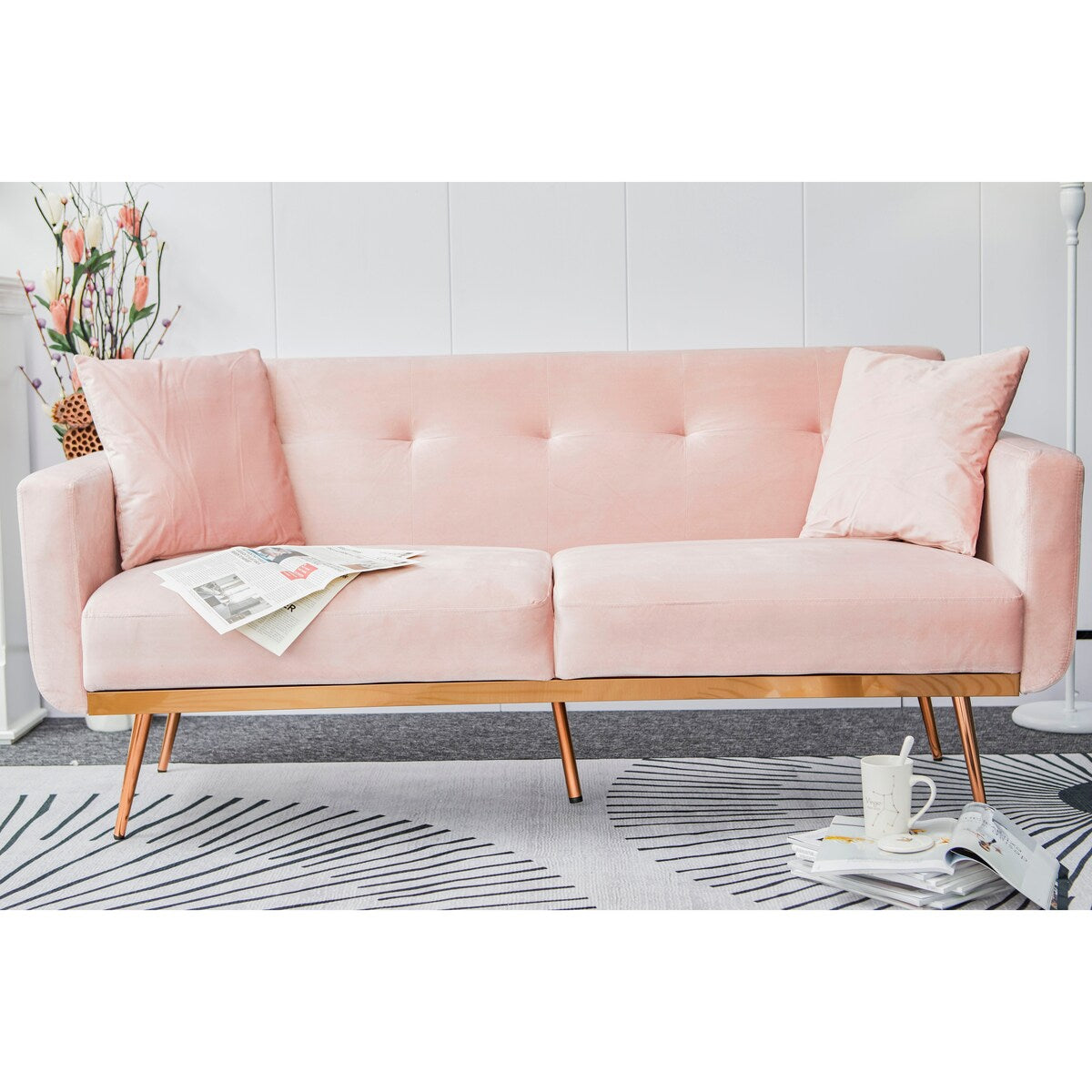 Modern velvet sand living room sofa Loveseat Sofa with Midfoot and Two throw Pillows for Living Room