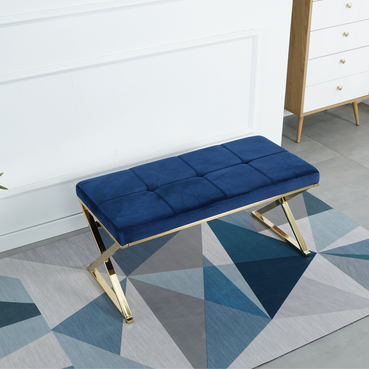 Morden Blue bench with metal X legs and Velvet Fabric for Entryway Living Room