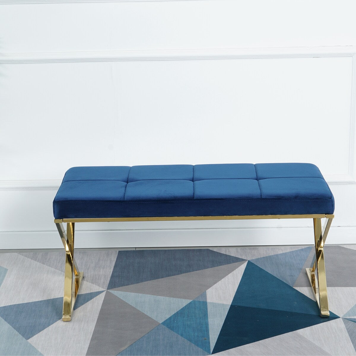 Morden Blue bench with metal X legs and Velvet Fabric for Entryway Living Room