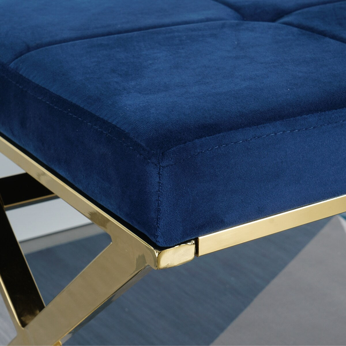 Morden Blue bench with metal X legs and Velvet Fabric for Entryway Living Room