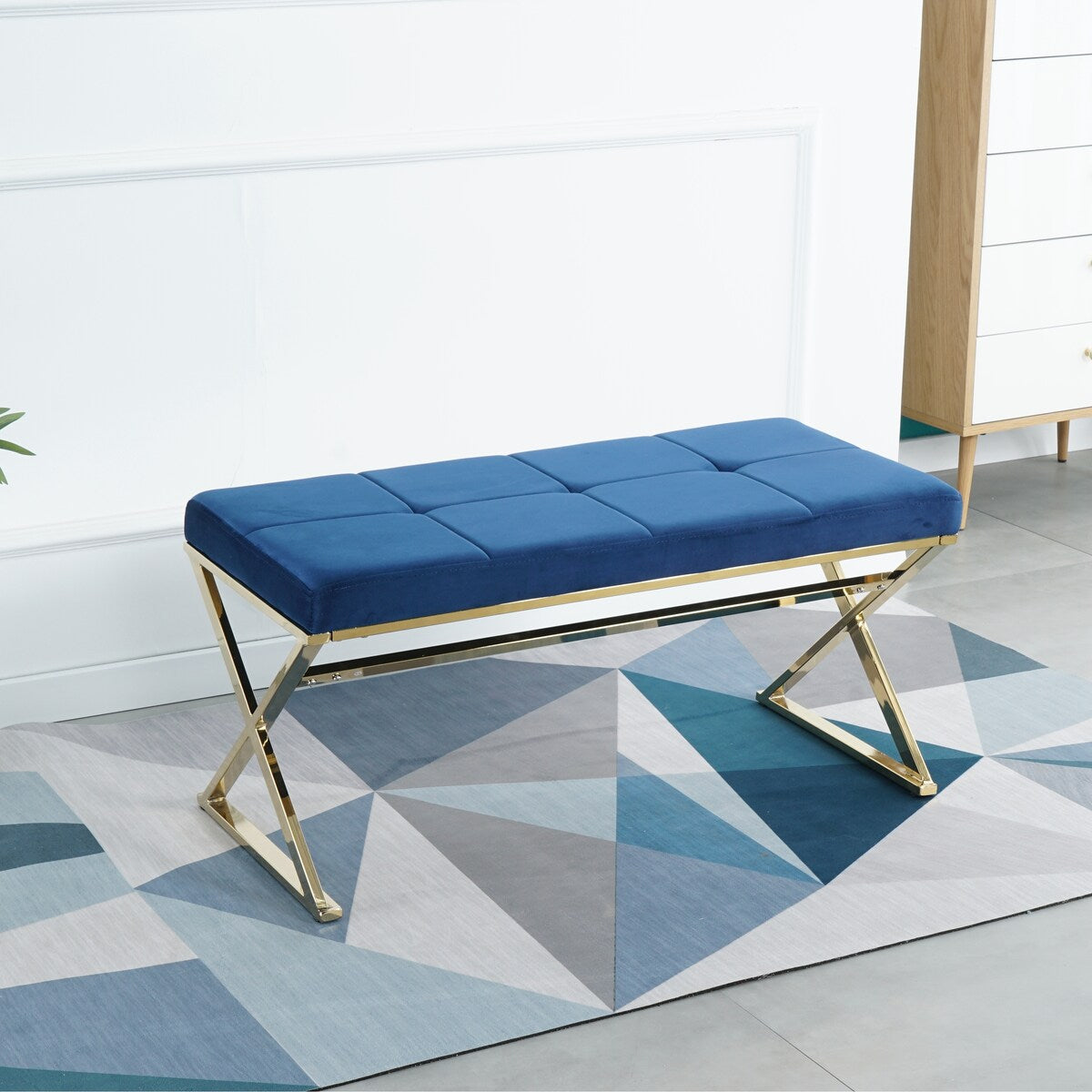 Morden Blue bench with metal X legs and Velvet Fabric for Entryway Living Room