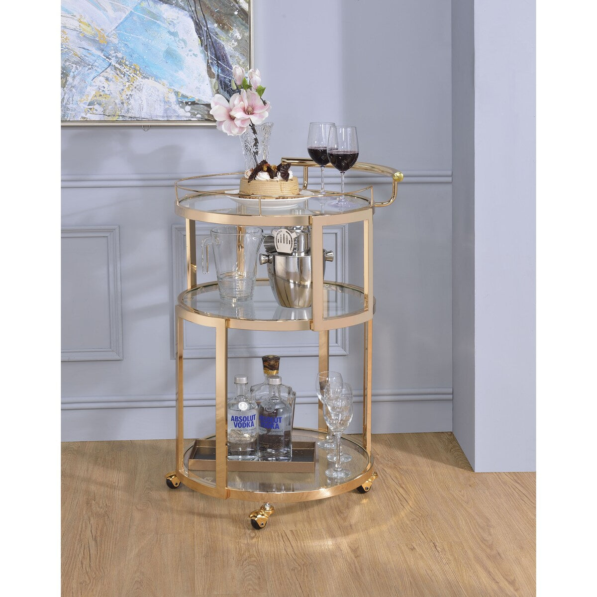 Oval Serving Cart with 3 Tier Shelf , Bar Cart with Open Compartments for Dining Room Living Room