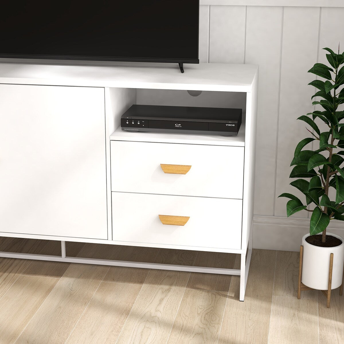 TV Stand with one shelf and two drawers, Wood Entertainment Center with Adjustable Shelves for TVs Up to 47"