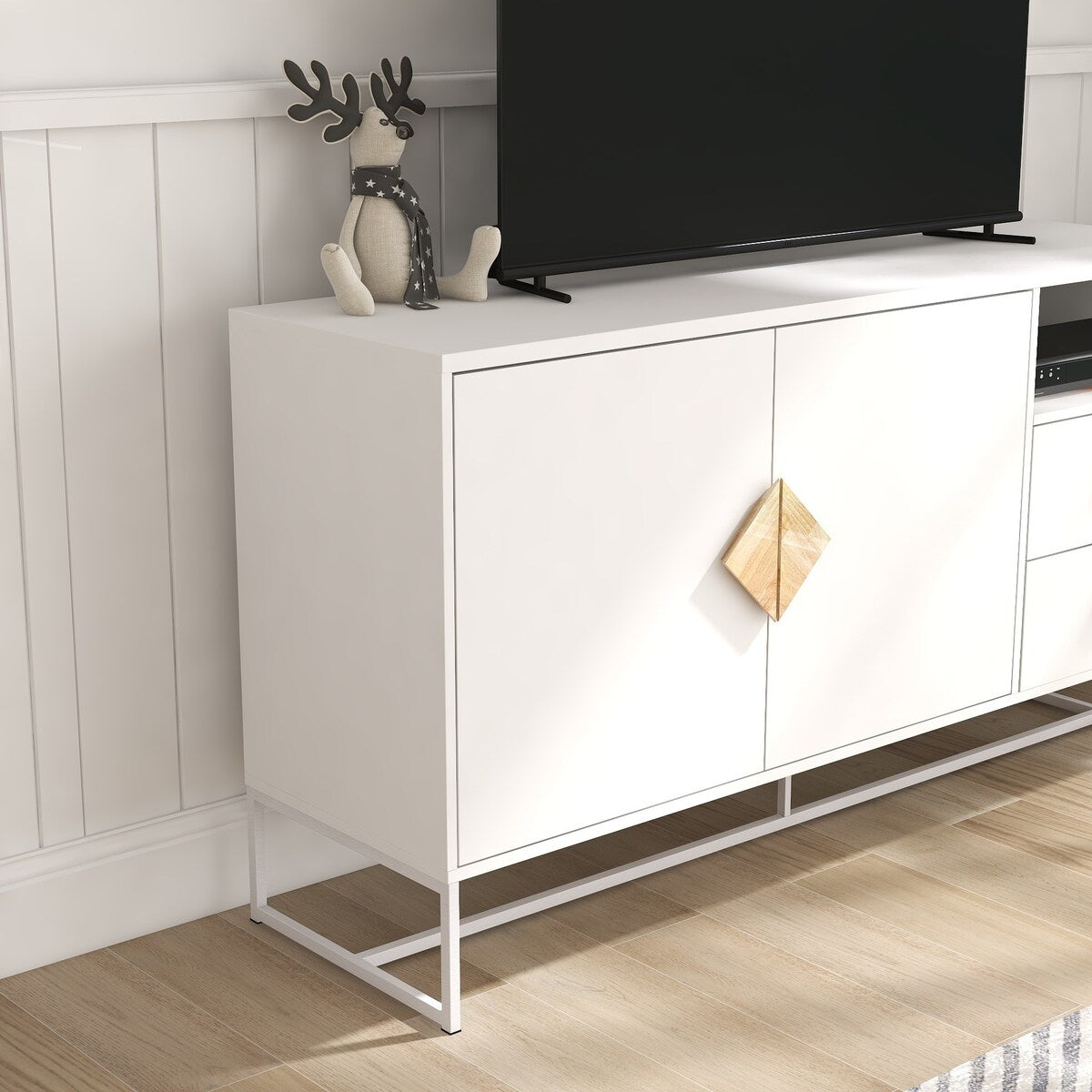 TV Stand with one shelf and two drawers, Wood Entertainment Center with Adjustable Shelves for TVs Up to 47"