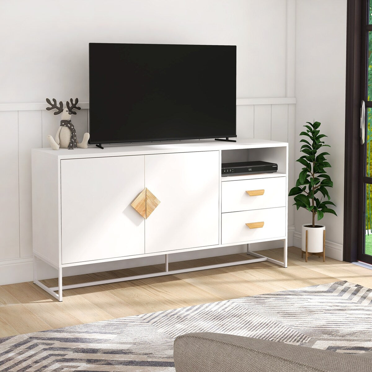TV Stand with one shelf and two drawers, Wood Entertainment Center with Adjustable Shelves for TVs Up to 47"