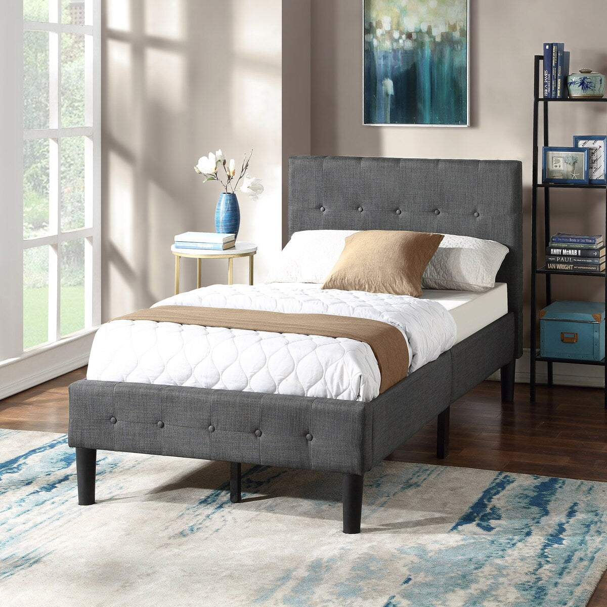 Twin Size Upholstered Platform Bed with Tufted Headboard and Wood Slat
