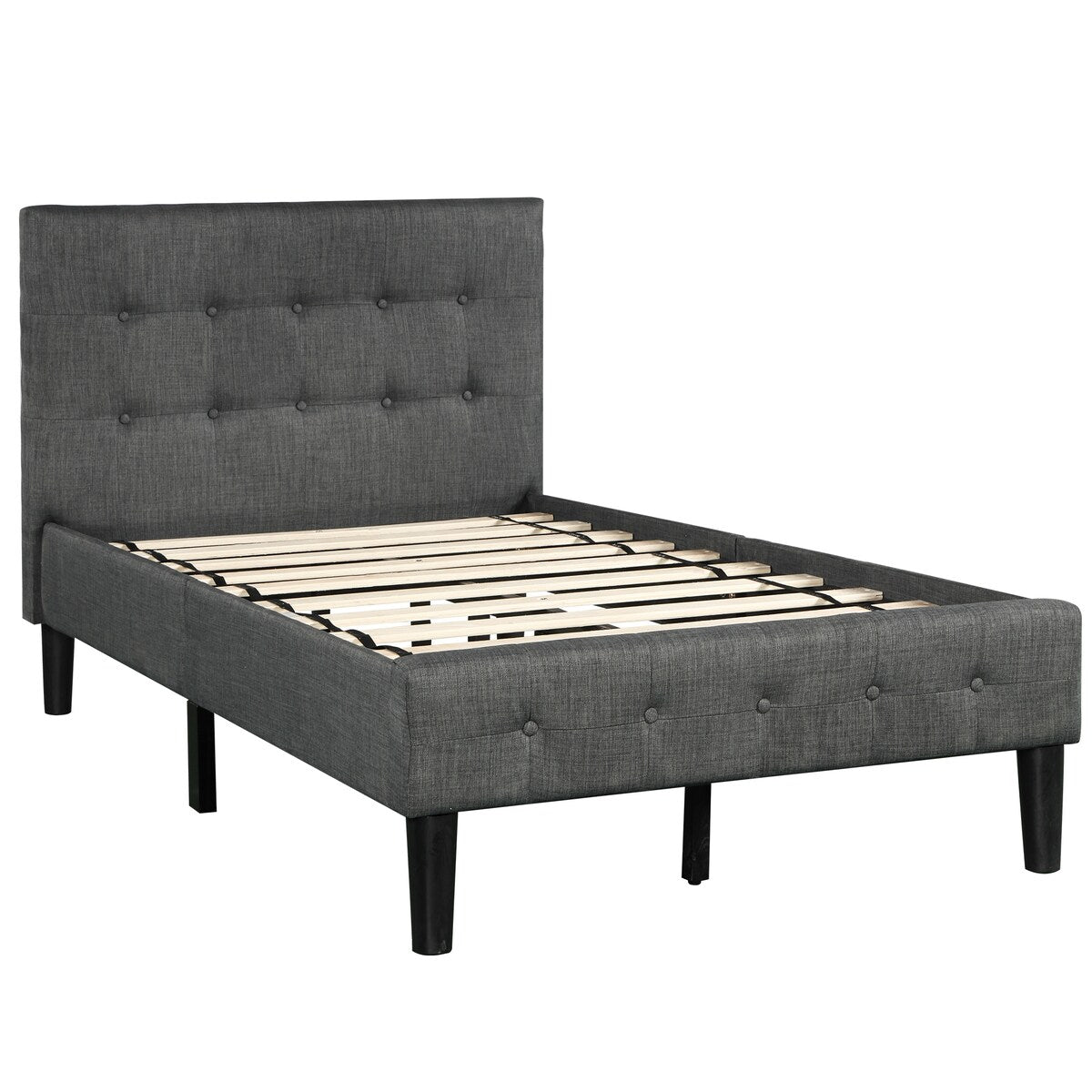 Twin Size Upholstered Platform Bed with Tufted Headboard and Wood Slat