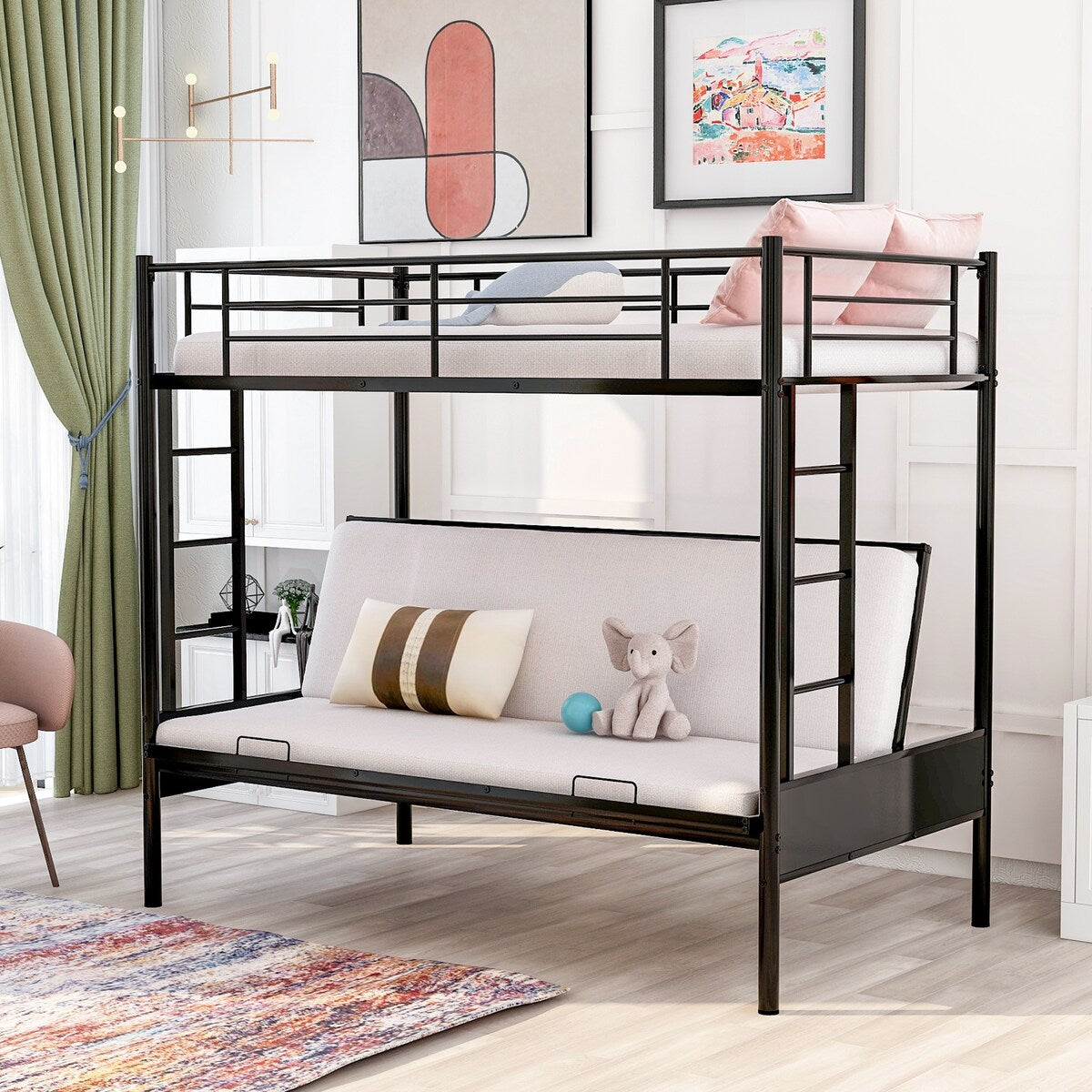 Twin over Full Metal Bunk Bed with Ladder and Guardrails, Bottom Bunk Converts from Sofa to Bed