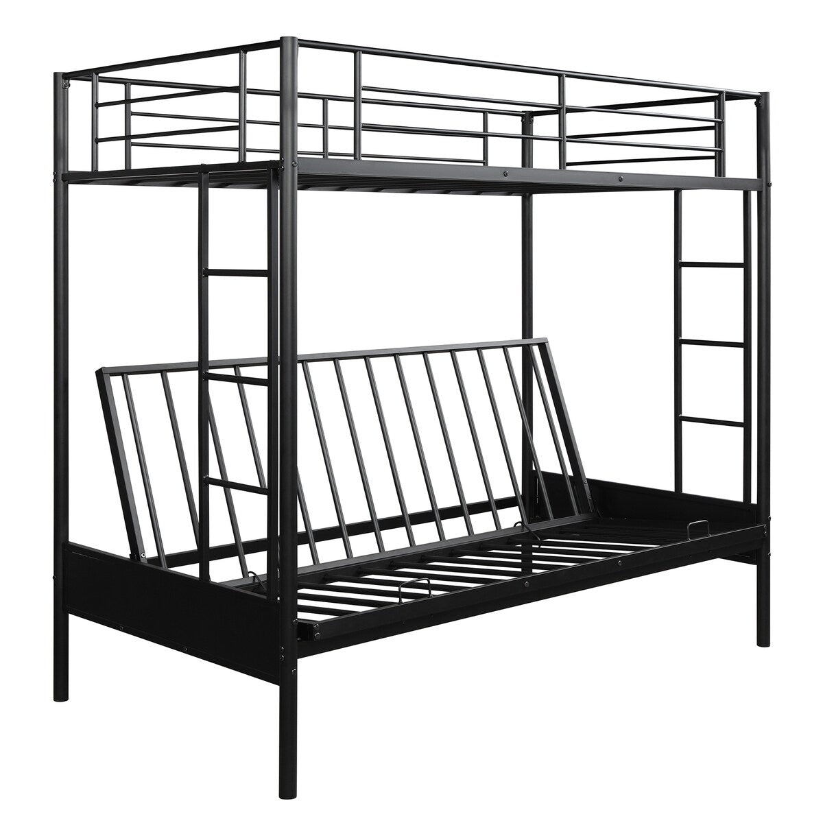 Twin over Full Metal Bunk Bed with Ladder and Guardrails, Bottom Bunk Converts from Sofa to Bed