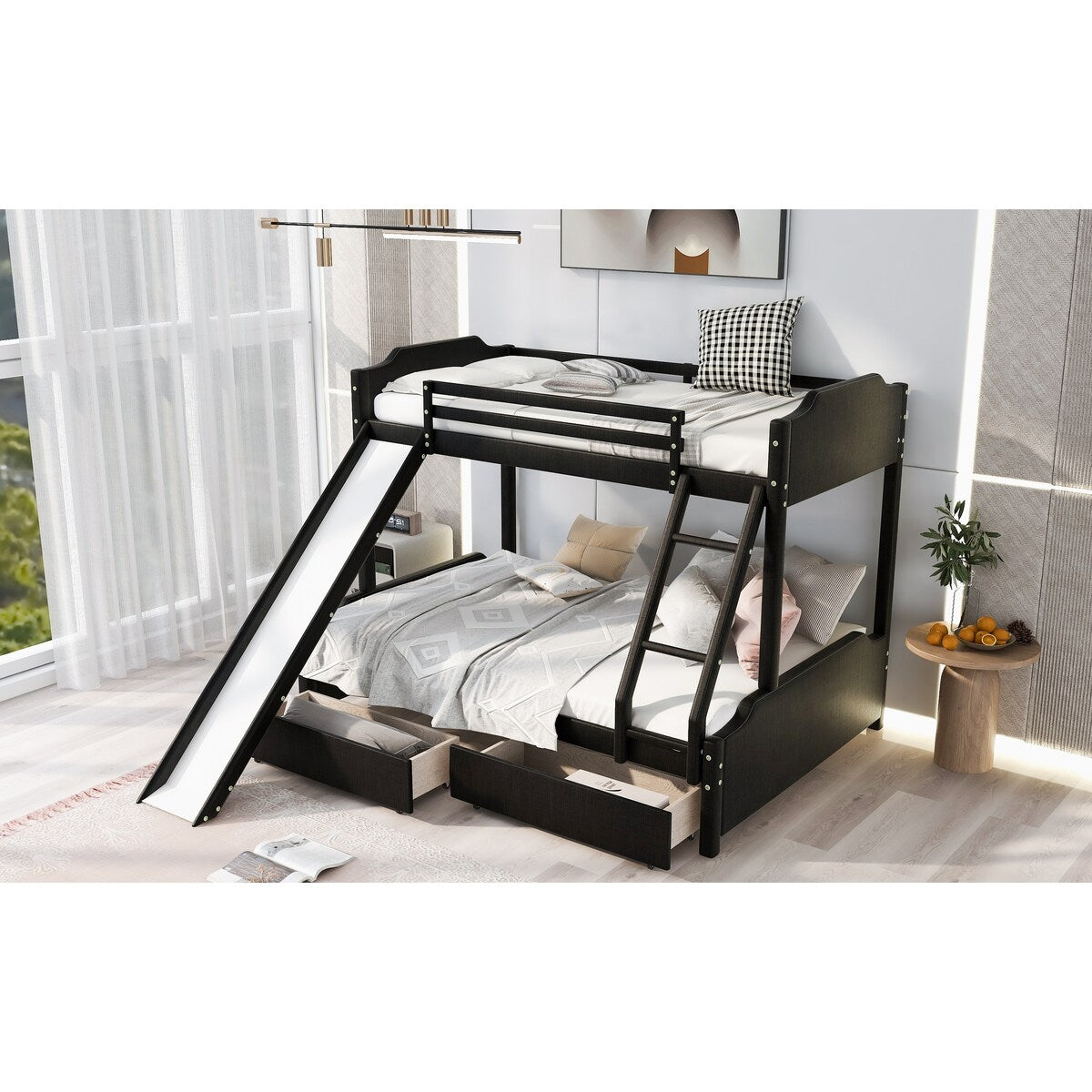 Twin over Full Size Upholstered Bunk Bed with 2 Large Drawers, Convertible Slide and Ladder, Solid Wood Frame Bed