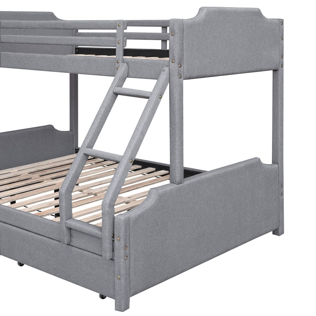 Twin over Full Size Upholstered Bunk Bed with 2 Large Drawers, Convertible Slide and Ladder, Solid Wood Frame Bed