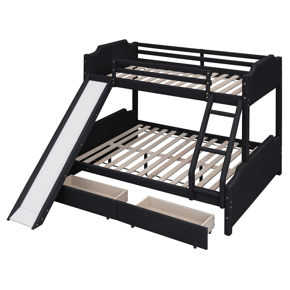 Twin over Full Size Upholstered Bunk Bed with 2 Large Drawers, Convertible Slide and Ladder, Solid Wood Frame Bed
