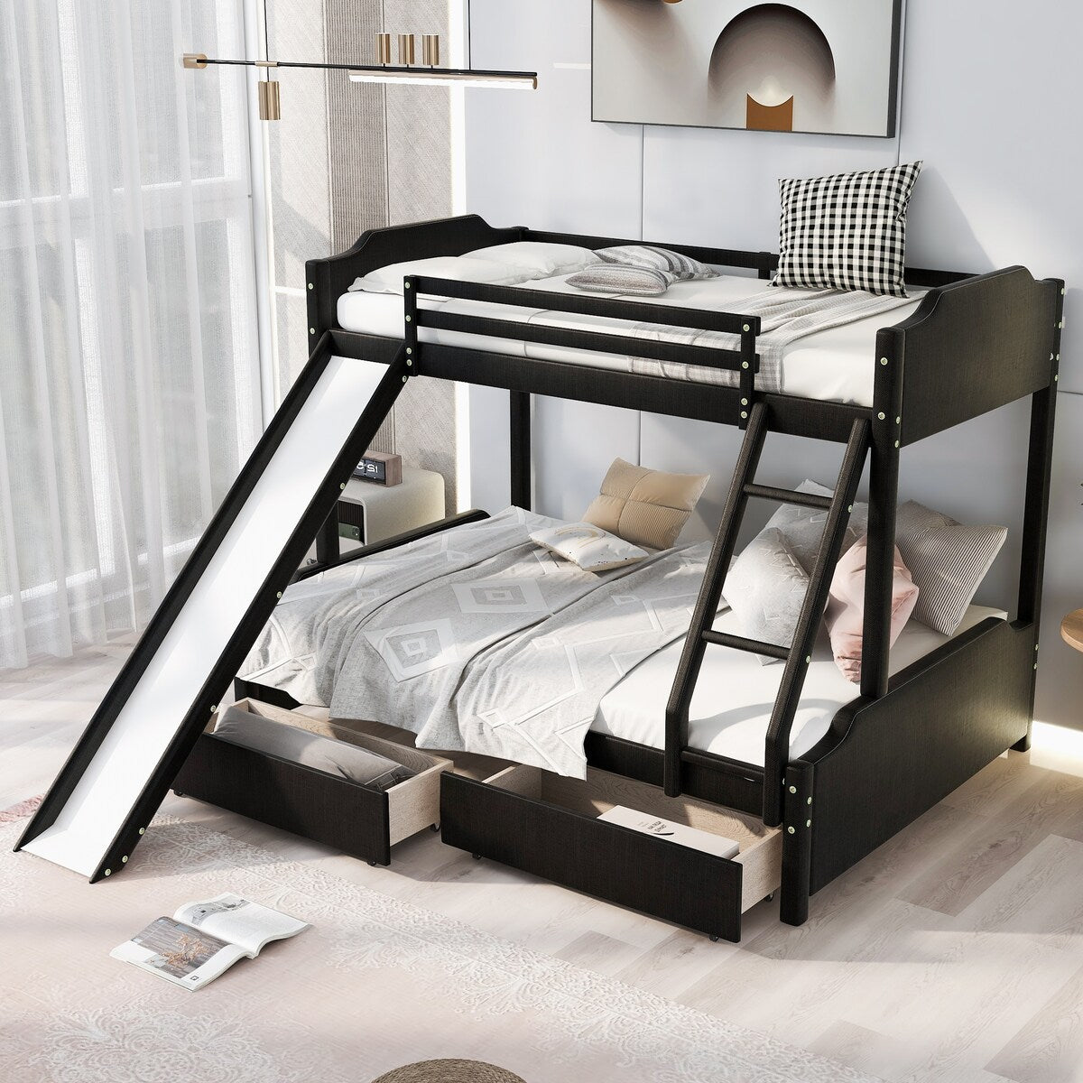 Twin over Full Size Upholstered Bunk Bed with 2 Large Drawers, Convertible Slide and Ladder, Solid Wood Frame Bed