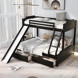 Twin over Full Size Upholstered Bunk Bed with 2 Large Drawers, Convertible Slide and Ladder, Solid Wood Frame Bed