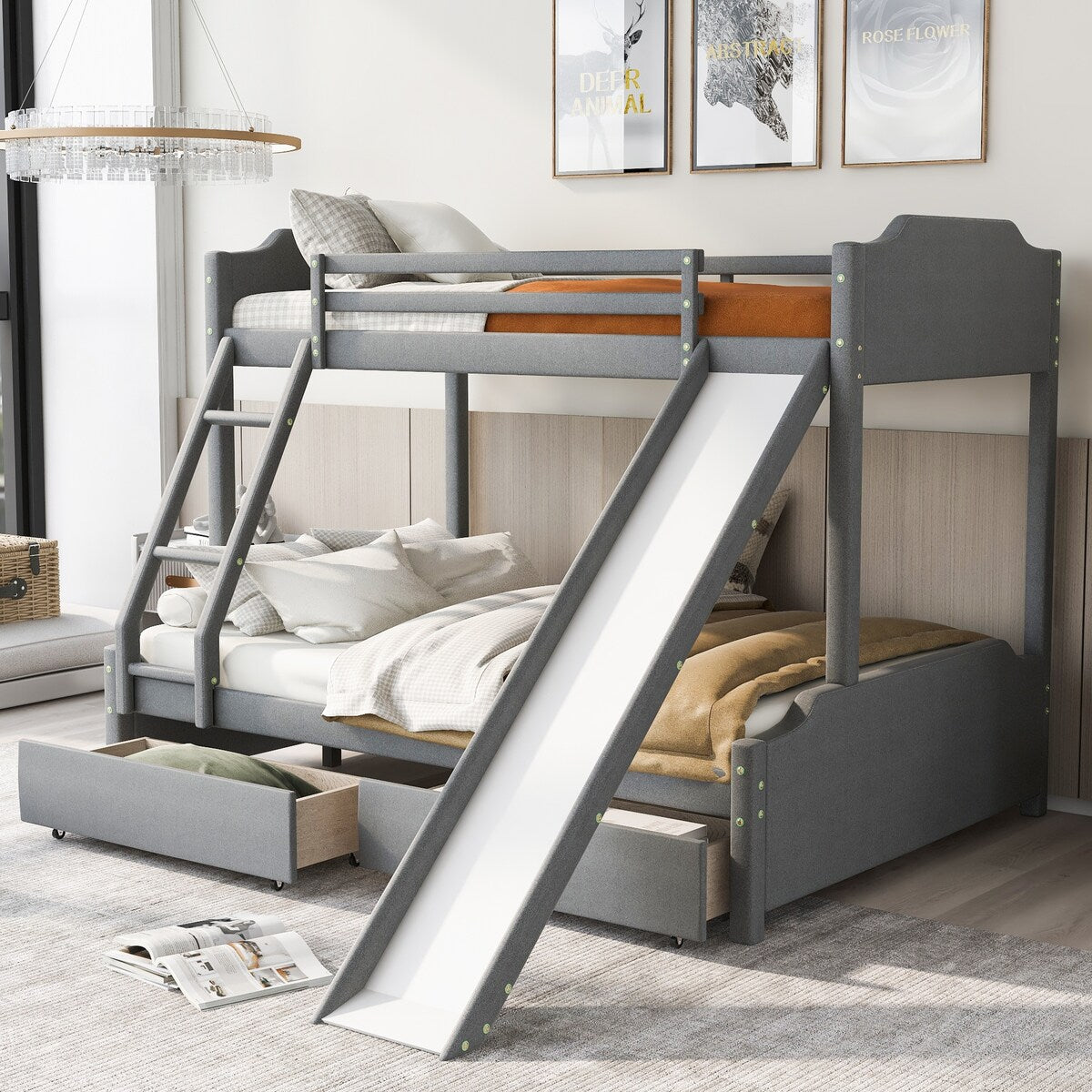 Twin over Full Size Upholstered Bunk Bed with 2 Large Drawers, Convertible Slide and Ladder, Solid Wood Frame Bed