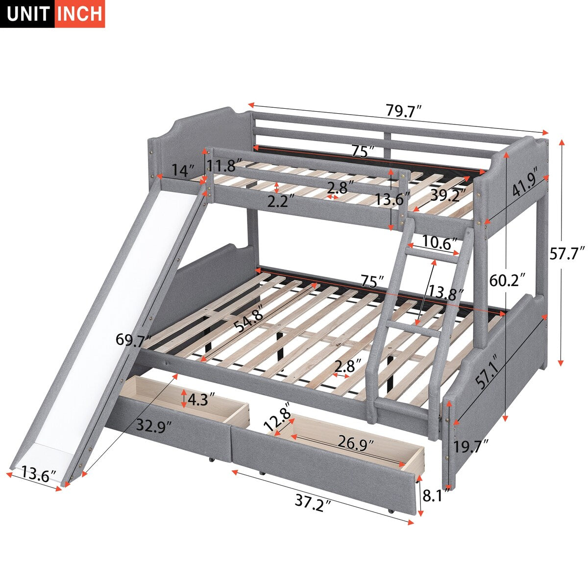 Twin over Full Size Upholstered Bunk Bed with 2 Large Drawers, Convertible Slide and Ladder, Solid Wood Frame Bed