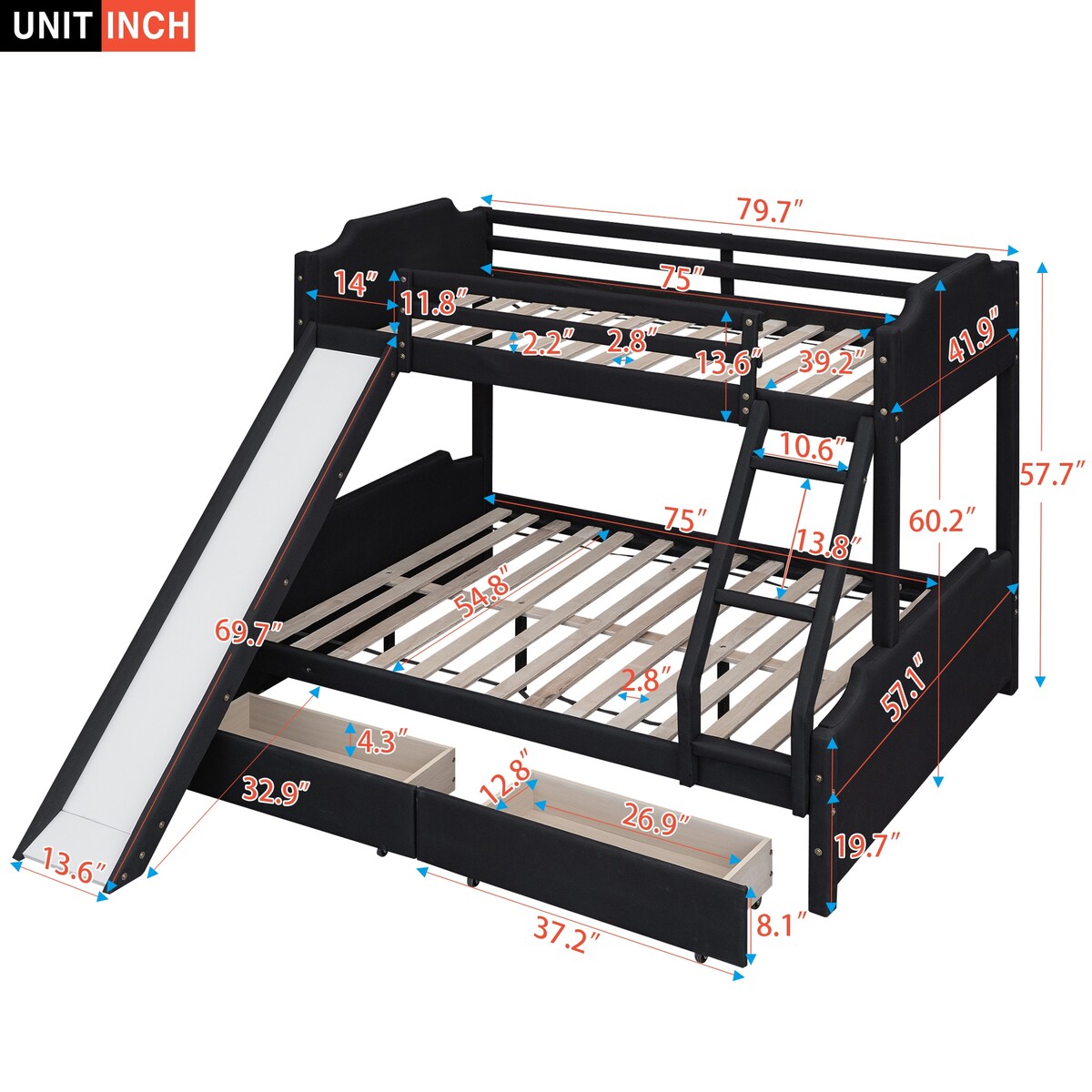 Twin over Full Size Upholstered Bunk Bed with 2 Large Drawers, Convertible Slide and Ladder, Solid Wood Frame Bed