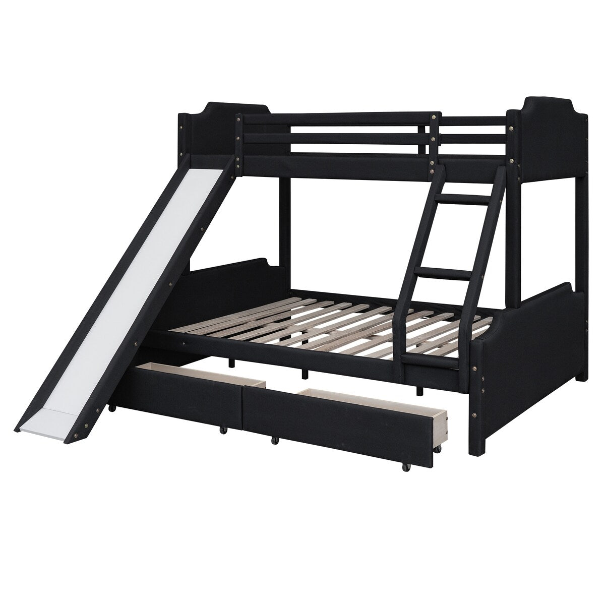 Twin over Full Size Upholstered Bunk Bed with 2 Large Drawers, Convertible Slide and Ladder, Solid Wood Frame Bed