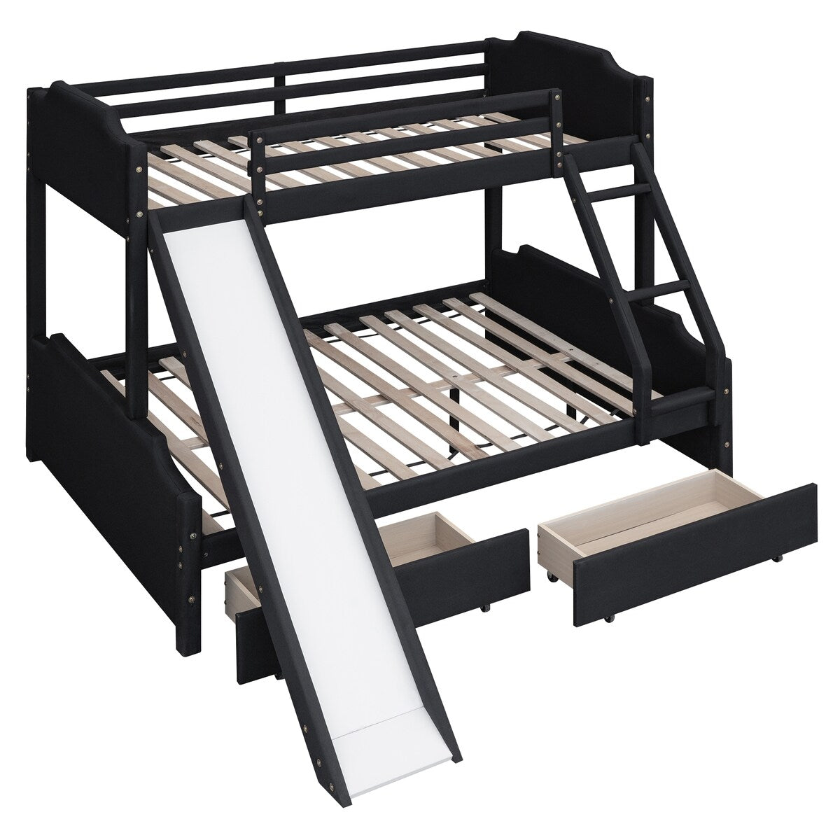 Twin over Full Size Upholstered Bunk Bed with 2 Large Drawers, Convertible Slide and Ladder, Solid Wood Frame Bed