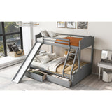 Twin over Full Size Upholstered Bunk Bed with 2 Large Drawers, Convertible Slide and Ladder, Solid Wood Frame Bed