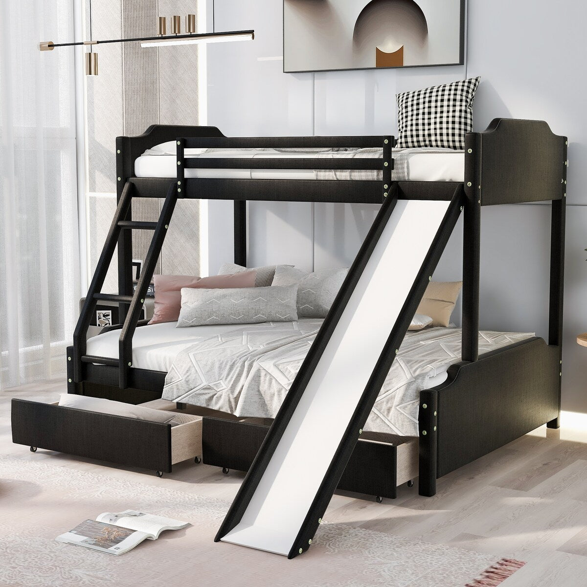 Twin over Full Size Upholstered Bunk Bed with 2 Large Drawers, Convertible Slide and Ladder, Solid Wood Frame Bed