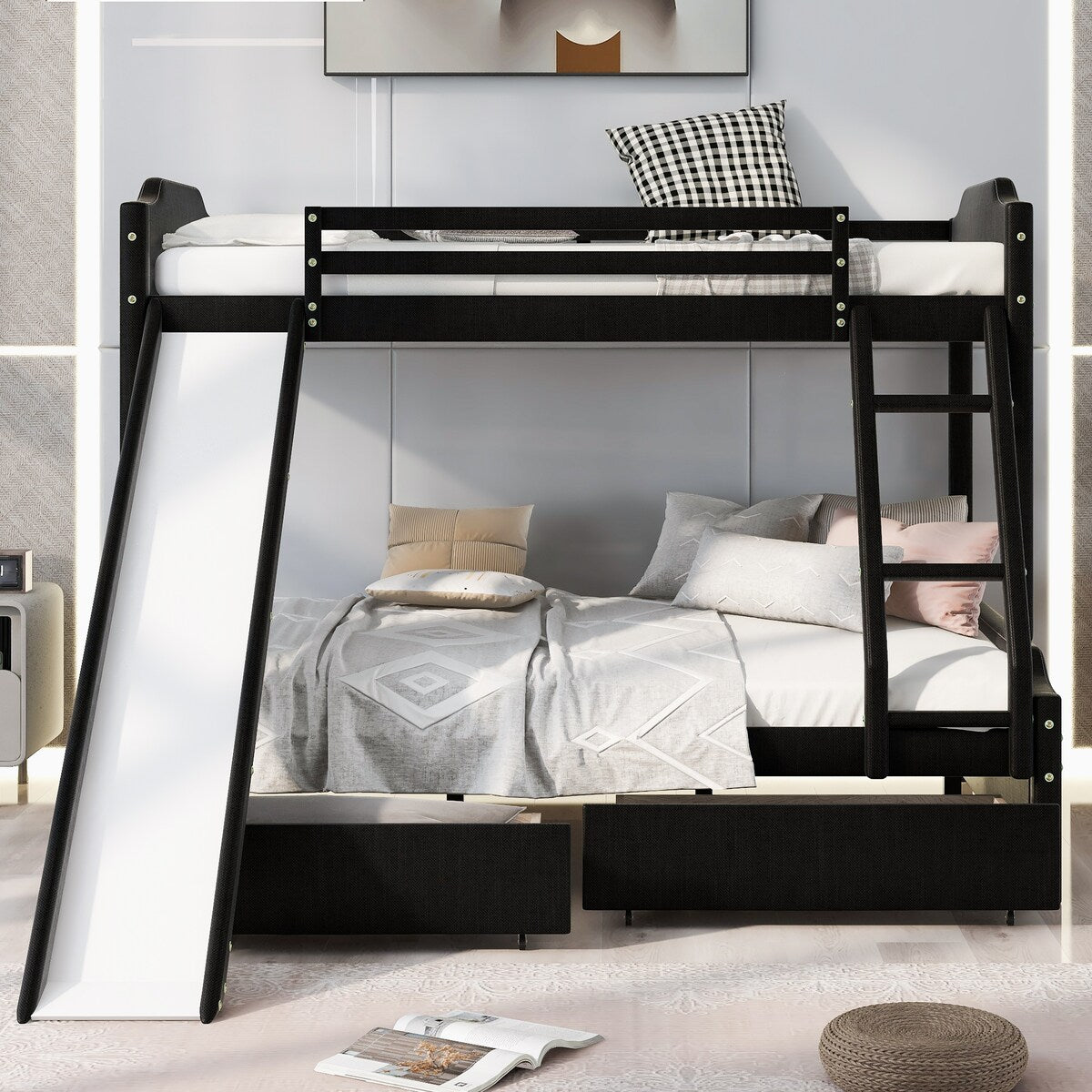 Twin over Full Size Upholstered Bunk Bed with 2 Large Drawers, Convertible Slide and Ladder, Solid Wood Frame Bed