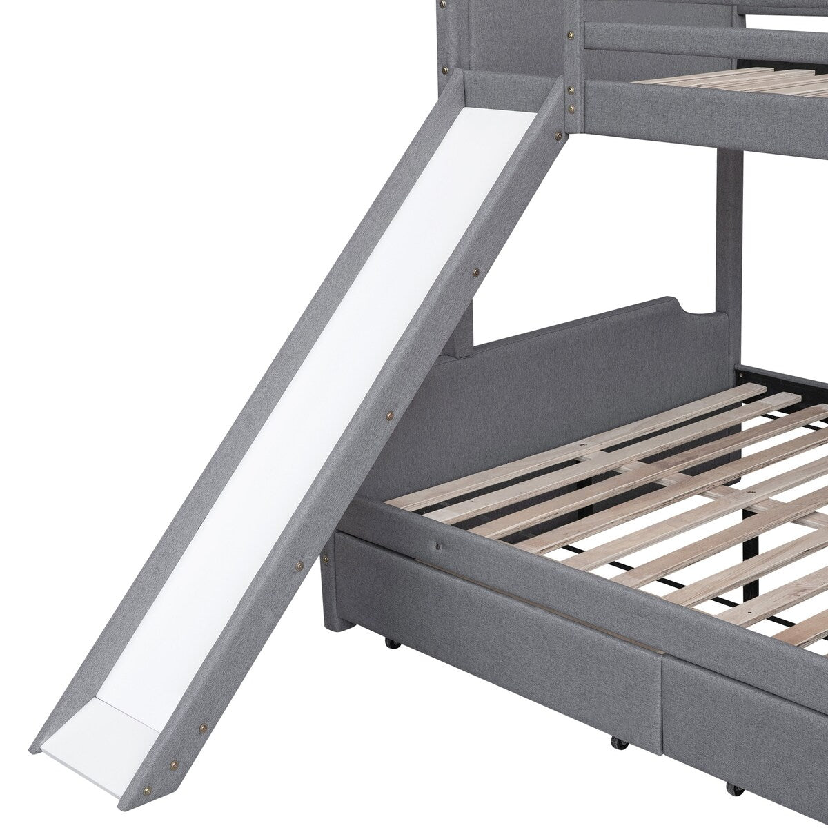 Twin over Full Size Upholstered Bunk Bed with 2 Large Drawers, Convertible Slide and Ladder, Solid Wood Frame Bed
