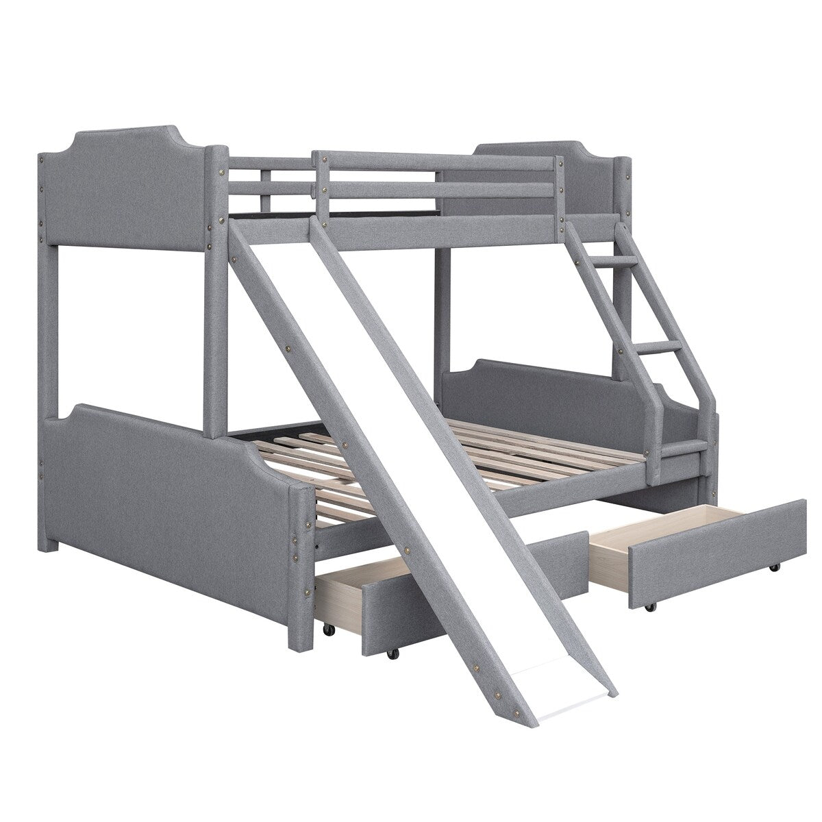 Twin over Full Size Upholstered Bunk Bed with 2 Large Drawers, Convertible Slide and Ladder, Solid Wood Frame Bed