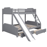 Twin over Full Size Upholstered Bunk Bed with 2 Large Drawers, Convertible Slide and Ladder, Solid Wood Frame Bed