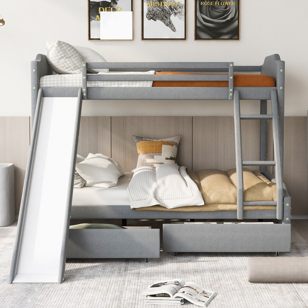 Twin over Full Size Upholstered Bunk Bed with 2 Large Drawers, Convertible Slide and Ladder, Solid Wood Frame Bed