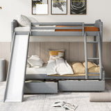 Twin over Full Size Upholstered Bunk Bed with 2 Large Drawers, Convertible Slide and Ladder, Solid Wood Frame Bed