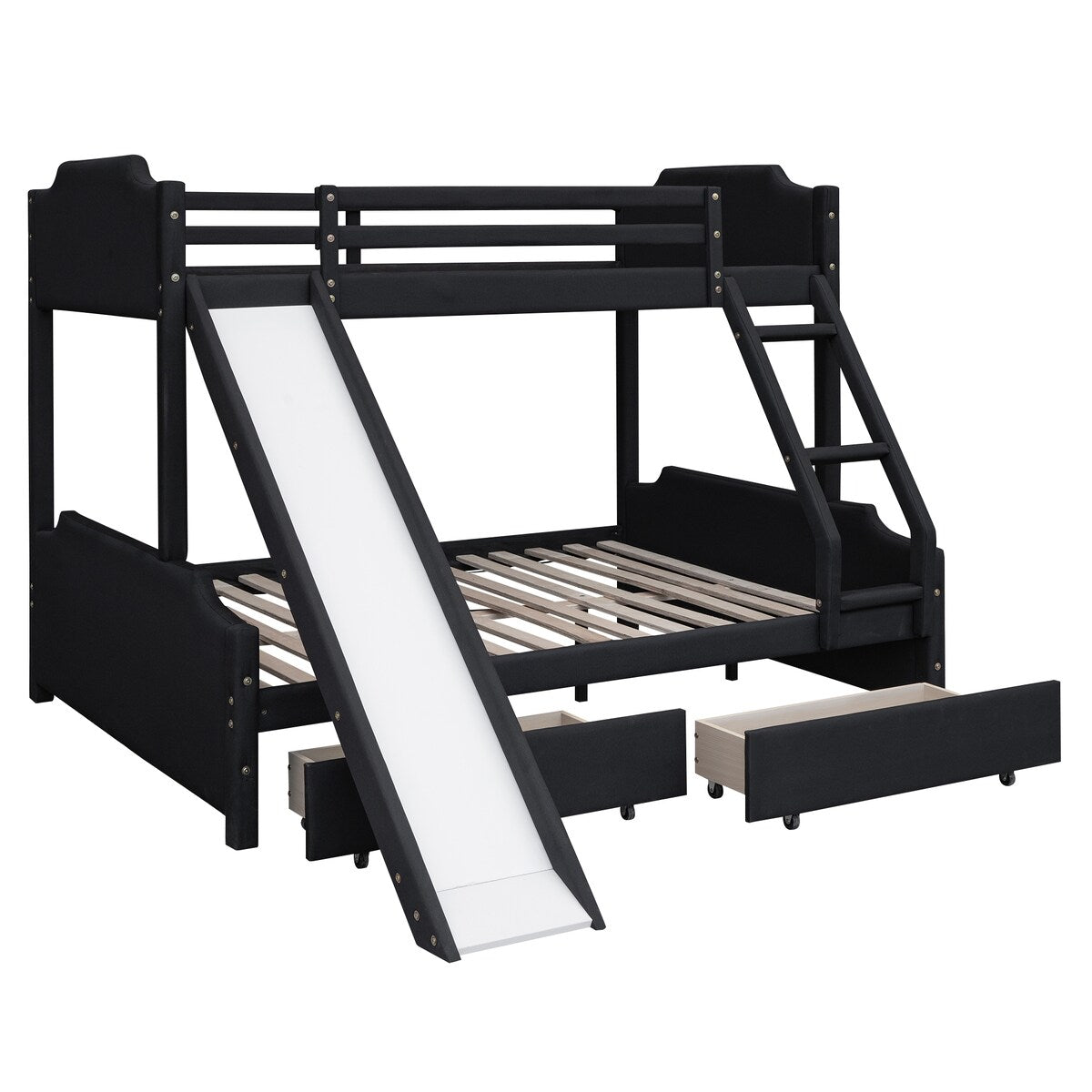 Twin over Full Size Upholstered Bunk Bed with 2 Large Drawers, Convertible Slide and Ladder, Solid Wood Frame Bed