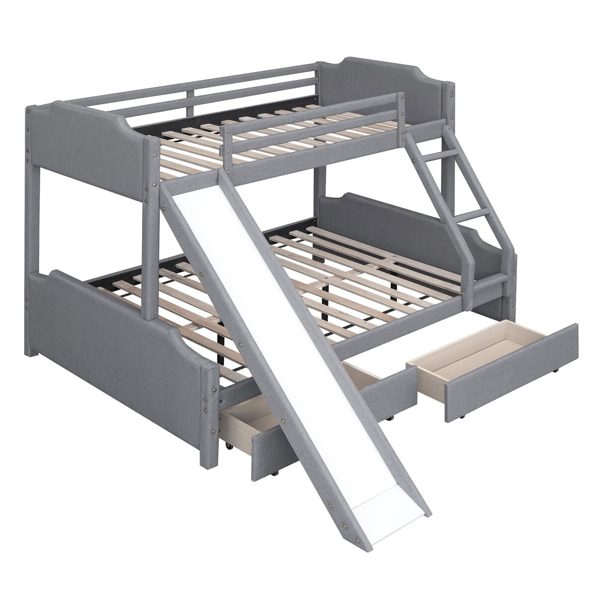 Twin over Full Size Upholstered Bunk Bed with 2 Large Drawers, Convertible Slide and Ladder, Solid Wood Frame Bed
