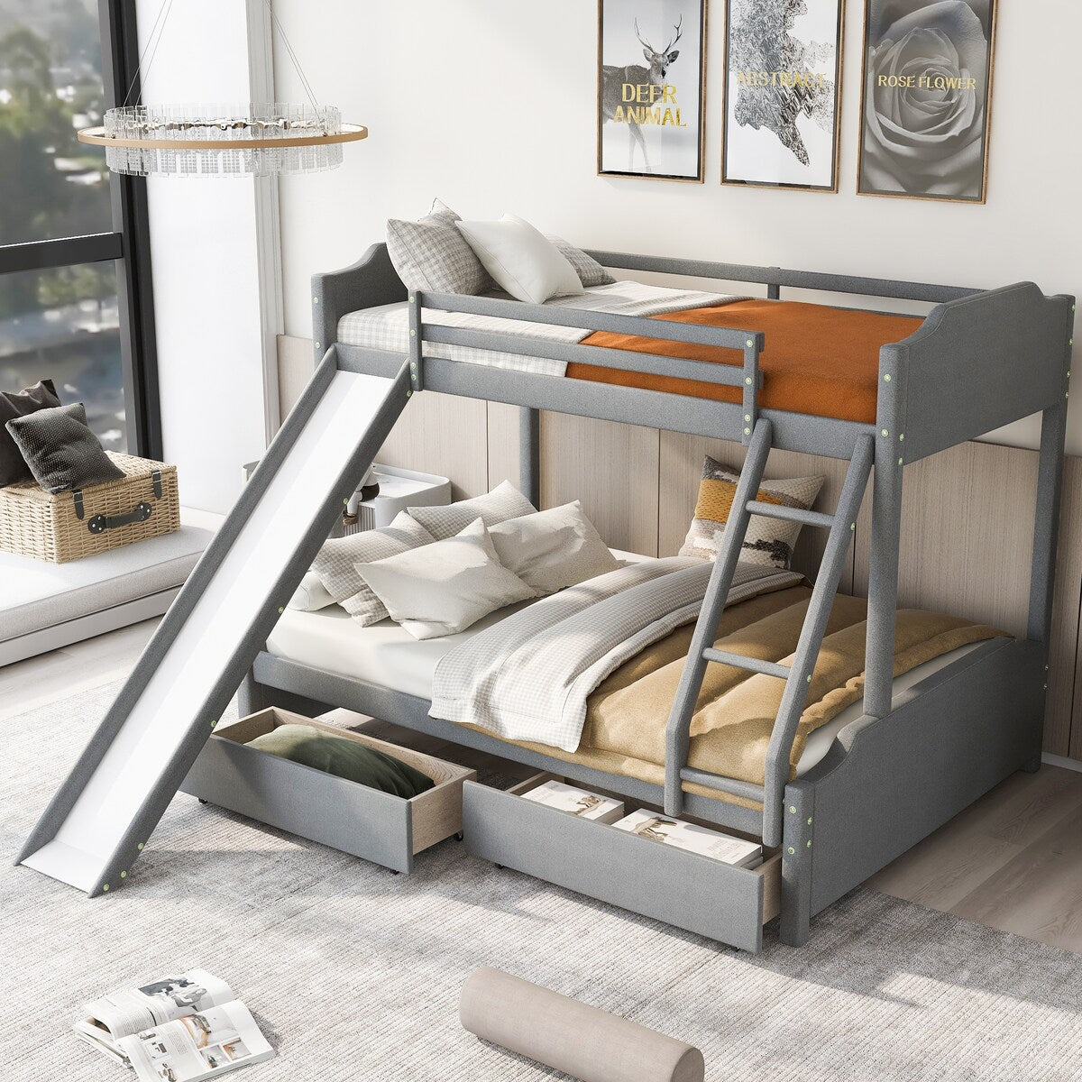 Twin over Full Size Upholstered Bunk Bed with 2 Large Drawers, Convertible Slide and Ladder, Solid Wood Frame Bed