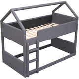 Twin over Twin Size Upholstery House Shaped Bunk Bed with Headboard