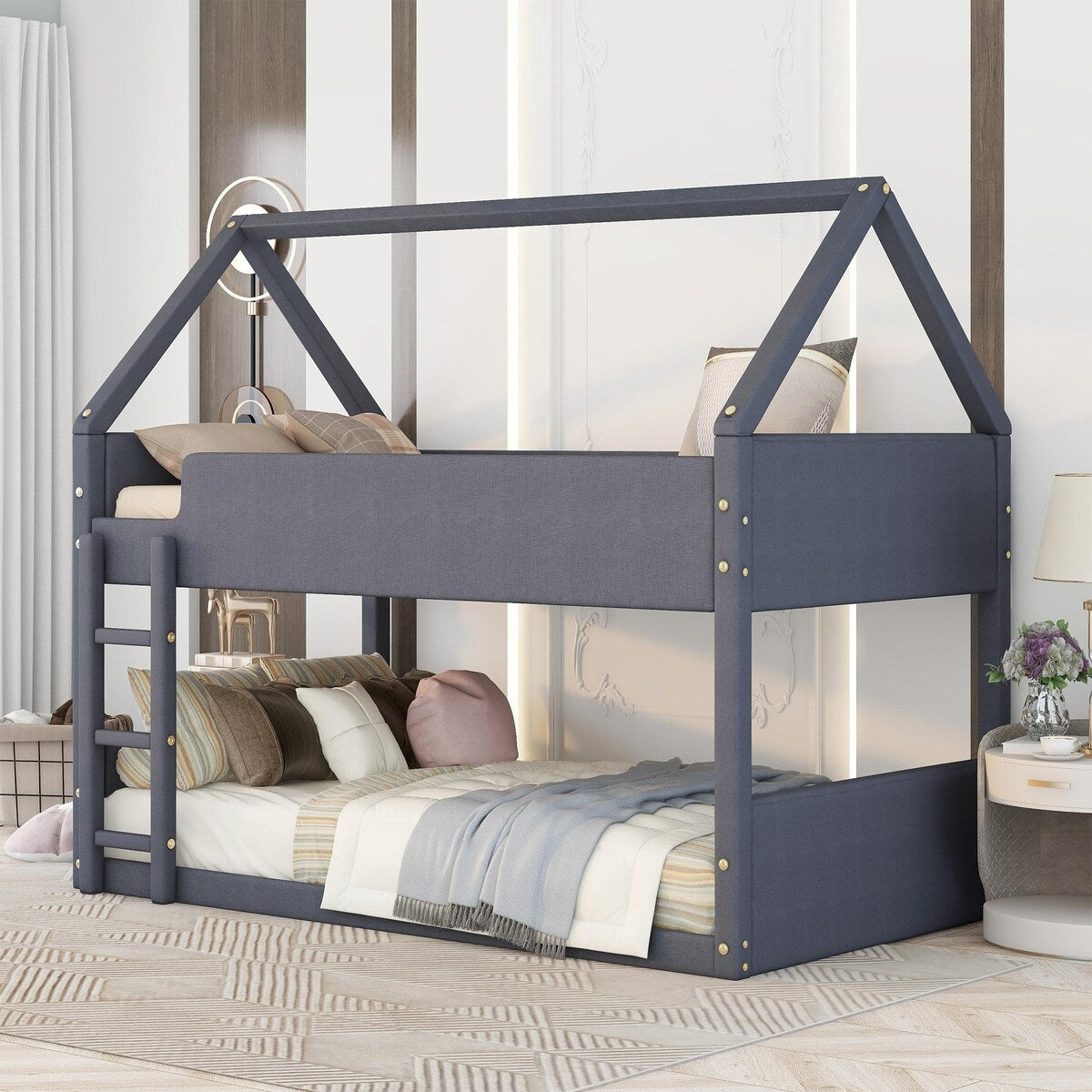 Twin over Twin Size Upholstery House Shaped Bunk Bed with Headboard