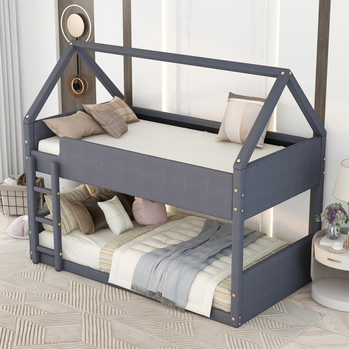 Twin over Twin Size Upholstery House Shaped Bunk Bed with Headboard