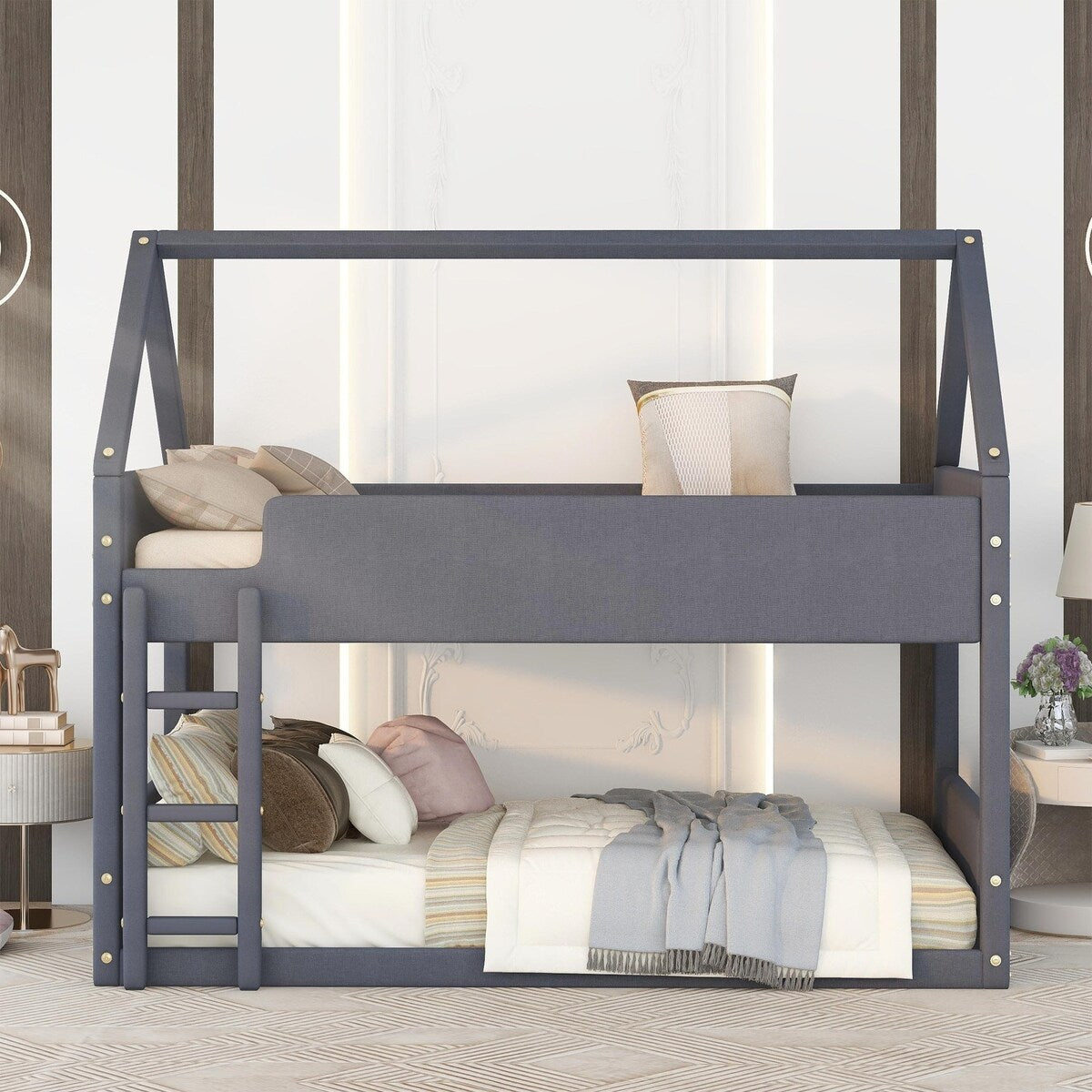 Twin over Twin Size Upholstery House Shaped Bunk Bed with Headboard