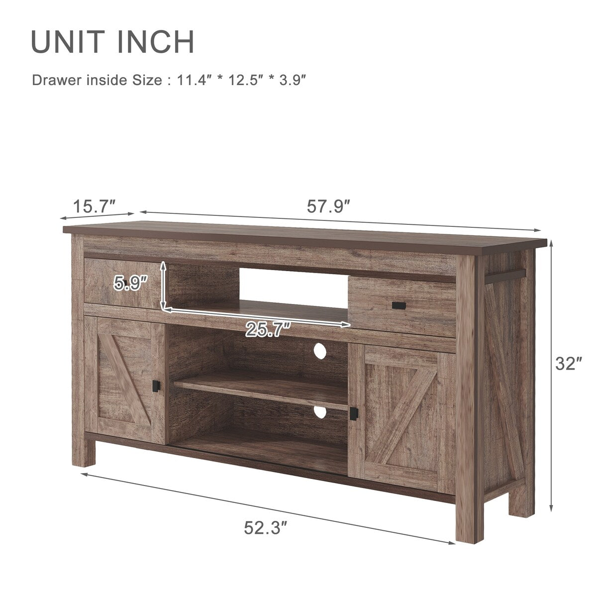 Wood TV Stand with 2 Drawers and Open Adjustable Shelves