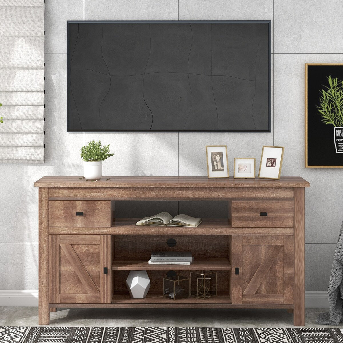 Wood TV Stand with 2 Drawers and Open Adjustable Shelves