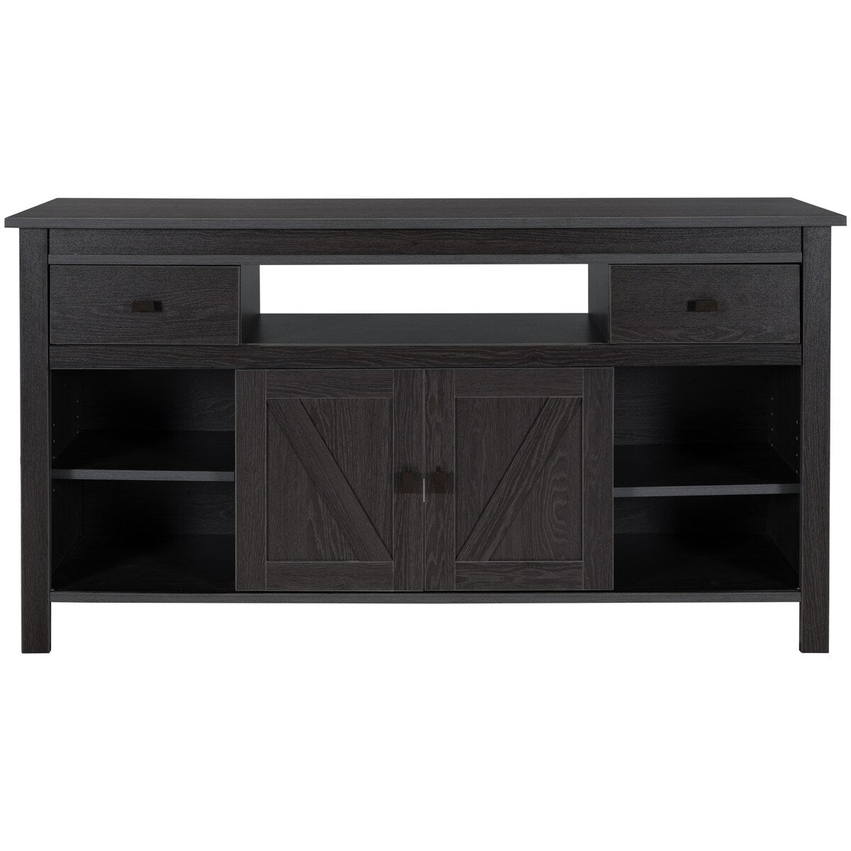 Wood TV Stand with 2 Drawers and Open Adjustable Shelves