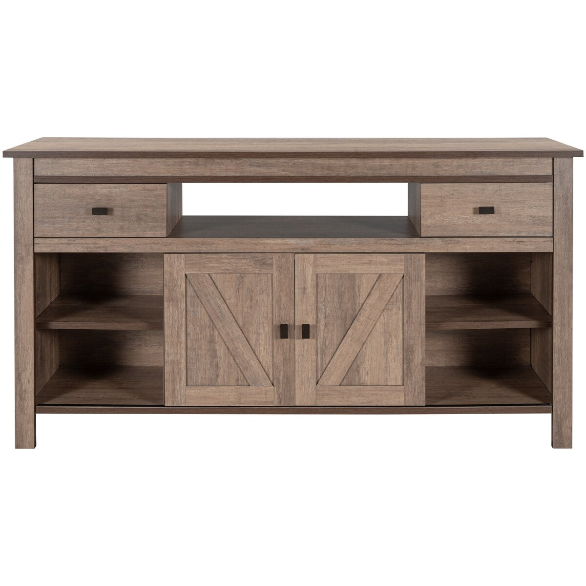 Wood TV Stand with 2 Drawers and Open Adjustable Shelves